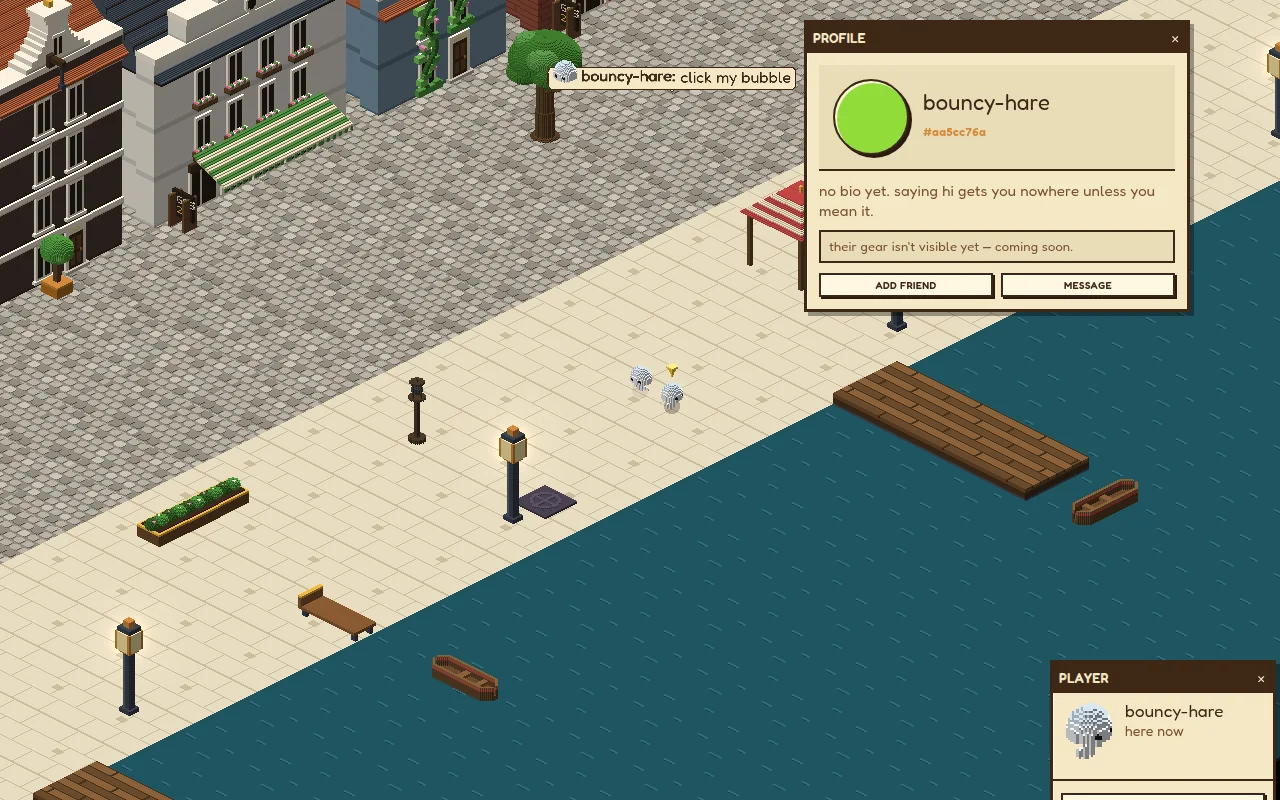 Two players meeting in Eggox, with a chat bubble and an open profile card